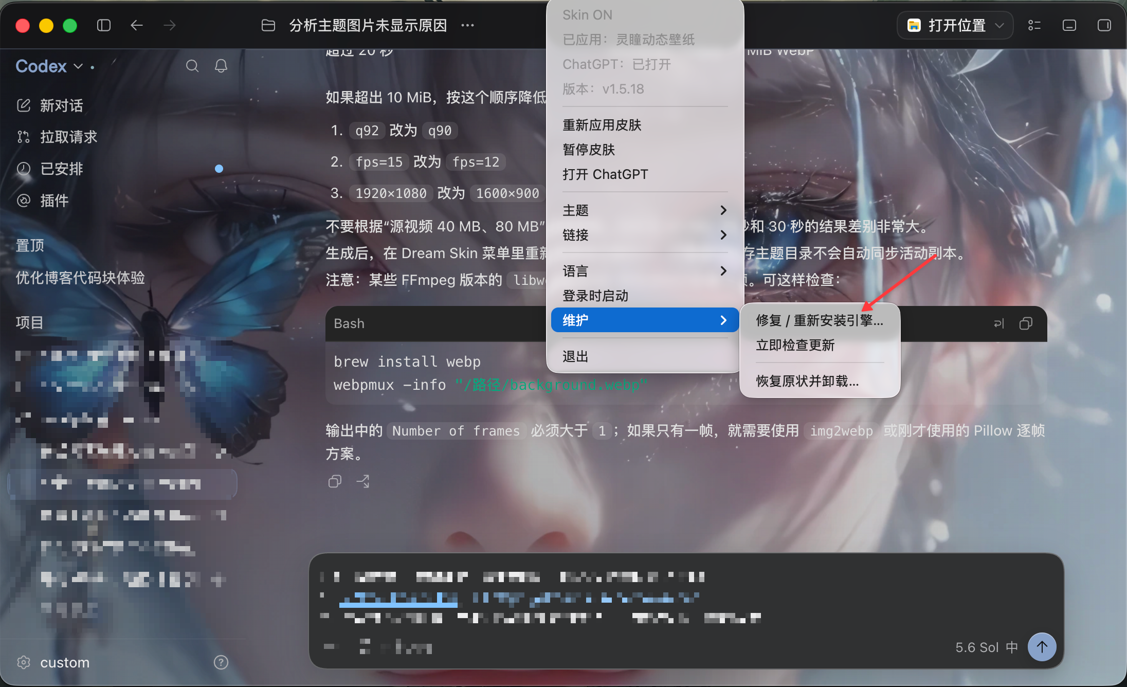 在 DreamSkin 菜单中修复或重新安装主题引擎